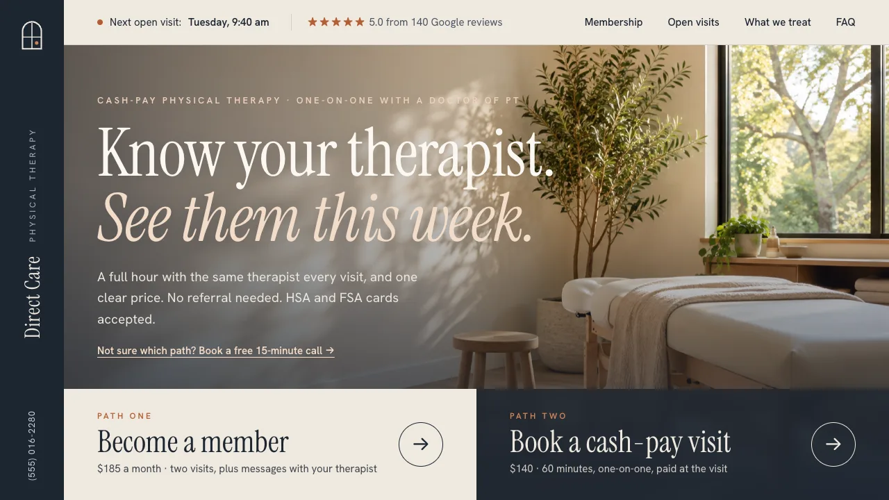 A direct care homepage with two paths, become a member or book a cash-pay visit, over a calm therapy room.